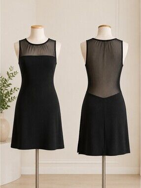 Women’s Size Small Black Stretch Mini Dress Sheer Mesh Front Back Sleeveless